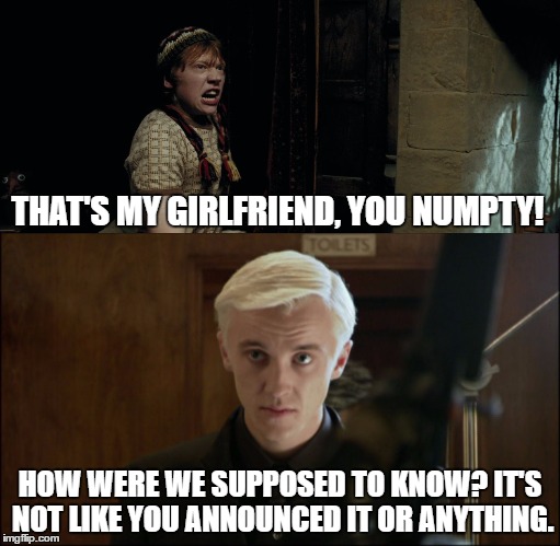 Ron forgets Draco doesn't know he has a girlfriend.  | THAT'S MY GIRLFRIEND, YOU NUMPTY! HOW WERE WE SUPPOSED TO KNOW? IT'S NOT LIKE YOU ANNOUNCED IT OR ANYTHING. | image tagged in harry potter,ron weasley,draco malfoy,dating,girlfriend,angry | made w/ Imgflip meme maker