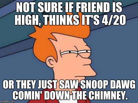 Futurama Fry Meme | NOT SURE IF FRIEND IS HIGH, THINKS IT'S 4/20; OR THEY JUST SAW SNOOP DAWG COMIN' DOWN THE CHIMNEY. | image tagged in memes,futurama fry | made w/ Imgflip meme maker