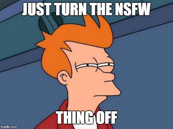 Futurama Fry Meme | JUST TURN THE NSFW THING OFF | image tagged in memes,futurama fry | made w/ Imgflip meme maker