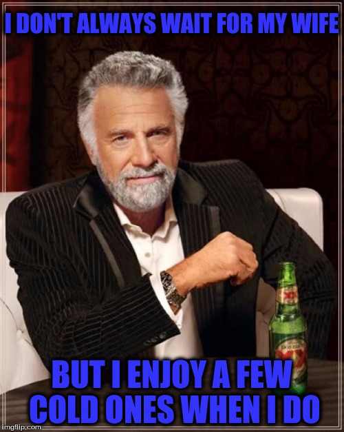 The Most Interesting Man In The World Meme | I DON'T ALWAYS WAIT FOR MY WIFE BUT I ENJOY A FEW COLD ONES WHEN I DO | image tagged in memes,the most interesting man in the world | made w/ Imgflip meme maker