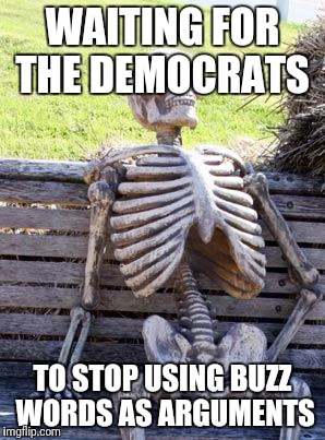 Waiting Skeleton Meme | WAITING FOR THE DEMOCRATS; TO STOP USING BUZZ WORDS AS ARGUMENTS | image tagged in memes,waiting skeleton | made w/ Imgflip meme maker