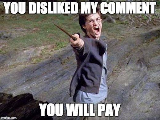 Harry Potter Yelling | YOU DISLIKED MY COMMENT; YOU WILL PAY | image tagged in harry potter yelling | made w/ Imgflip meme maker