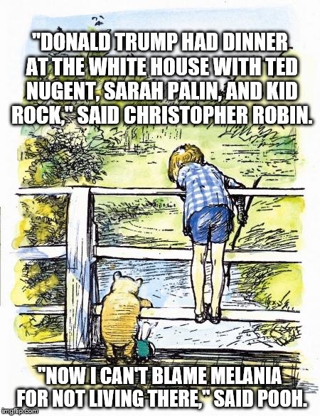 Pooh Sticks | "DONALD TRUMP HAD DINNER AT THE WHITE HOUSE WITH TED NUGENT, SARAH PALIN, AND KID ROCK," SAID CHRISTOPHER ROBIN. "NOW I CAN'T BLAME MELANIA FOR NOT LIVING THERE," SAID POOH. | image tagged in pooh sticks | made w/ Imgflip meme maker