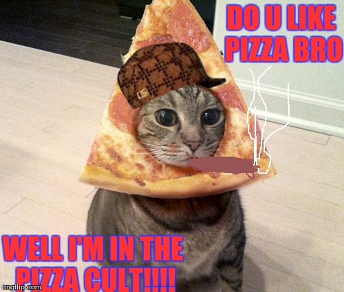pizza cat | DO U LIKE PIZZA BRO; WELL I'M IN THE PIZZA CULT!!!! | image tagged in pizza cat,scumbag | made w/ Imgflip meme maker