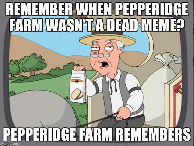 Pepperidge farms | REMEMBER WHEN PEPPERIDGE FARM WASN'T A DEAD MEME? PEPPERIDGE FARM REMEMBERS | image tagged in pepperidge farms | made w/ Imgflip meme maker