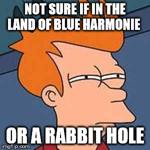 NOT SURE IF IN THE LAND OF BLUE HARMONIE; OR A RABBIT HOLE | image tagged in the land of blue harmonie,author jacqueline rainey,futurama,rabbit,rabbit hole,alice in wonderland | made w/ Imgflip meme maker