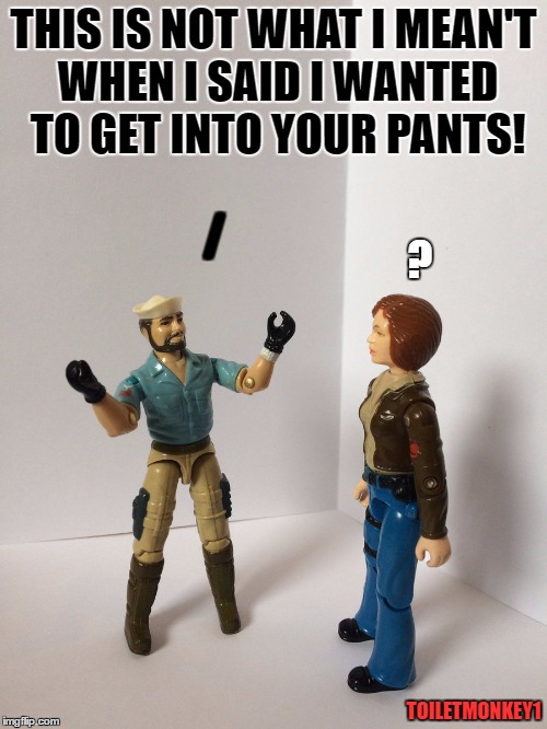 he just wanted to get into her pants! | THIS IS NOT WHAT I MEAN'T WHEN I SAID I WANTED TO GET INTO YOUR PANTS! /; ? TOILETMONKEY1 | image tagged in get into her pants,maybe don't view nsfw,gi joe,hot,imgflip,upvotes | made w/ Imgflip meme maker