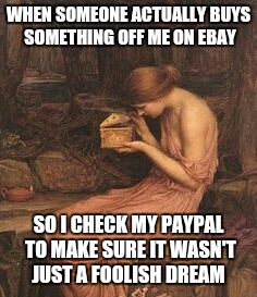 It's a once a year event you understand :) | WHEN SOMEONE ACTUALLY BUYS SOMETHING OFF ME ON EBAY; SO I CHECK MY PAYPAL TO MAKE SURE IT WASN'T JUST A FOOLISH DREAM | image tagged in memes,ebay | made w/ Imgflip meme maker