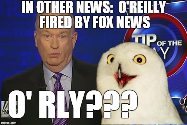 Bill O'Rly Fired from Fox News! trololololol | IN OTHER NEWS:  O'REILLY FIRED BY FOX NEWS; O' RLY??? | image tagged in bill oreilly ooooo face,o rly,fired,funny,fox news,owls | made w/ Imgflip meme maker