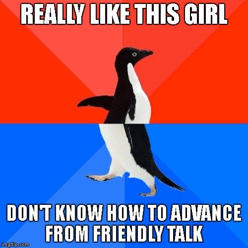 Socially Awesome Awkward Penguin | REALLY LIKE THIS GIRL; DON'T KNOW HOW TO ADVANCE FROM FRIENDLY TALK | image tagged in memes,socially awesome awkward penguin | made w/ Imgflip meme maker