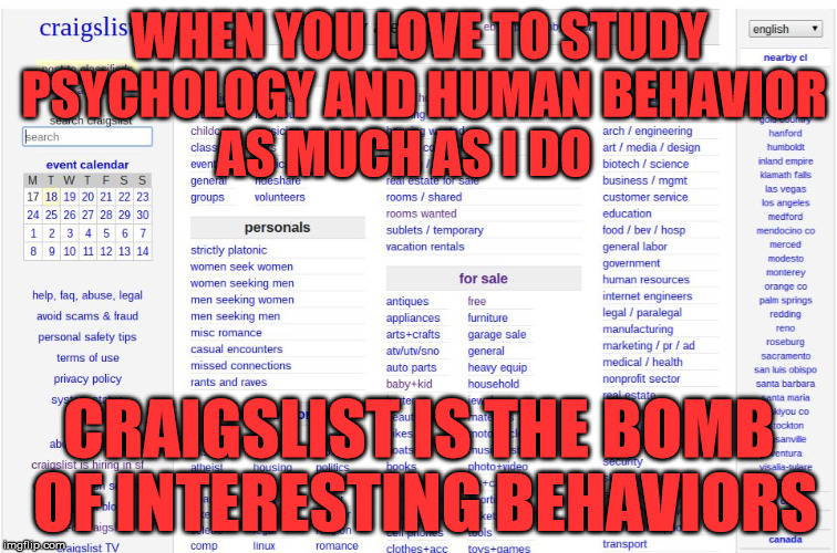 Craigslist | WHEN YOU LOVE TO STUDY PSYCHOLOGY AND HUMAN BEHAVIOR AS MUCH AS I DO; CRAIGSLIST IS THE BOMB OF INTERESTING BEHAVIORS | image tagged in craigslist | made w/ Imgflip meme maker