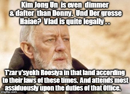 Obi Wan Kenobi Meme | Kim Jong Un  is even  dimmer & dafter  than Donny.  Und Der grosse Haiae?  Vlad is quite legally . . T'zar v'syekh Roosiya in that land according to their laws of these times.  And attends most assiduously upon the duties of that Office. | image tagged in memes,obi wan kenobi | made w/ Imgflip meme maker
