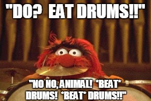 Getting your muppet daily requirement of iron. | "DO?  EAT DRUMS!!"; "NO NO, ANIMAL!  *BEAT* DRUMS!  *BEAT* DRUMS!!" | image tagged in muppets,animal,animal on drums | made w/ Imgflip meme maker