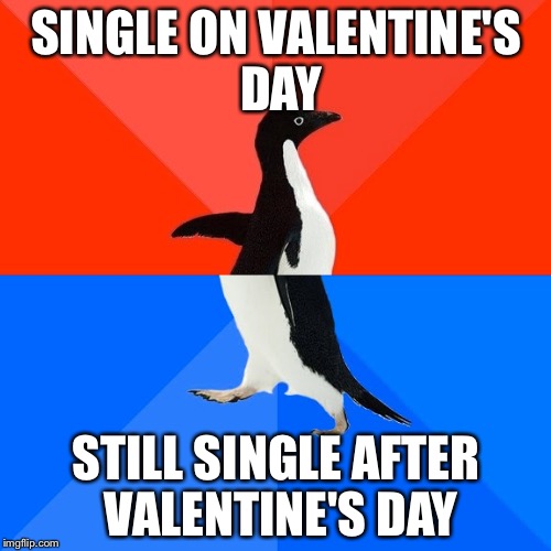 Socially Awesome Awkward Penguin Meme | SINGLE ON VALENTINE'S DAY; STILL SINGLE AFTER VALENTINE'S DAY | image tagged in memes,socially awesome awkward penguin | made w/ Imgflip meme maker