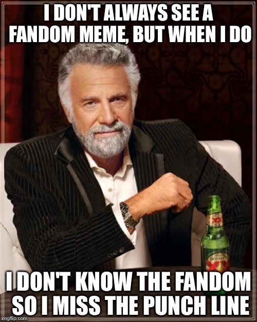 The Most Interesting Man In The World Meme | I DON'T ALWAYS SEE A FANDOM MEME, BUT WHEN I DO I DON'T KNOW THE FANDOM SO I MISS THE PUNCH LINE | image tagged in memes,the most interesting man in the world | made w/ Imgflip meme maker