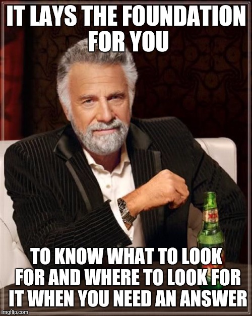 The Most Interesting Man In The World Meme | IT LAYS THE FOUNDATION FOR YOU TO KNOW WHAT TO LOOK FOR AND WHERE TO LOOK FOR IT WHEN YOU NEED AN ANSWER | image tagged in memes,the most interesting man in the world | made w/ Imgflip meme maker