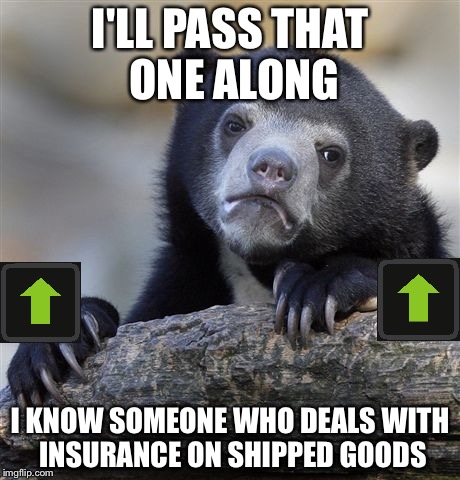 Confession Bear Meme | I'LL PASS THAT ONE ALONG I KNOW SOMEONE WHO DEALS WITH INSURANCE ON SHIPPED GOODS | image tagged in memes,confession bear | made w/ Imgflip meme maker