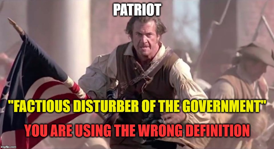 The Patriot | PATRIOT; "FACTIOUS DISTURBER OF THE GOVERNMENT"; YOU ARE USING THE WRONG DEFINITION | image tagged in the patriot | made w/ Imgflip meme maker