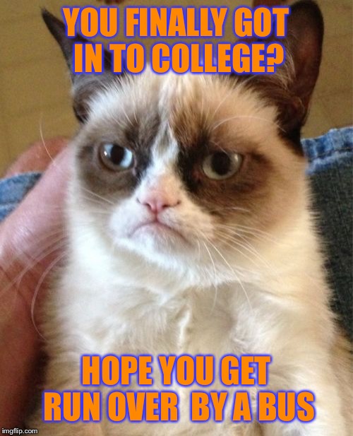 Grumpy Cat | YOU FINALLY GOT IN TO COLLEGE? HOPE YOU GET RUN OVER 
BY A BUS | image tagged in memes,grumpy cat | made w/ Imgflip meme maker