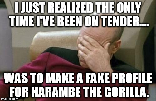 Captain Picard Facepalm | I JUST REALIZED THE ONLY TIME I'VE BEEN ON TENDER.... WAS TO MAKE A FAKE PROFILE FOR HARAMBE THE GORILLA. | image tagged in memes,captain picard facepalm,harambe,funny,politics,first world problems | made w/ Imgflip meme maker