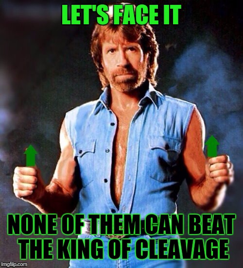 There have been some seriously impressive cleavage memes but... | LET'S FACE IT; NONE OF THEM CAN BEAT THE KING OF CLEAVAGE | image tagged in chuck norris upvote,memes,cleavage week,upvotes | made w/ Imgflip meme maker