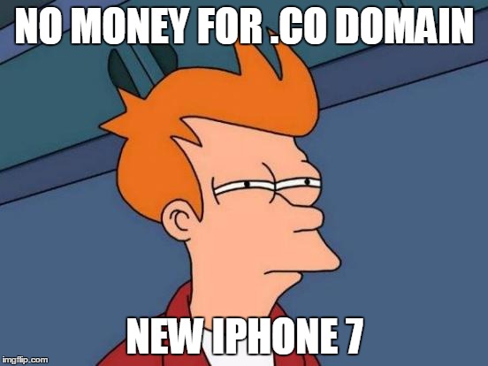 Futurama Fry Meme | NO MONEY FOR .CO DOMAIN; NEW IPHONE 7 | image tagged in memes,futurama fry | made w/ Imgflip meme maker