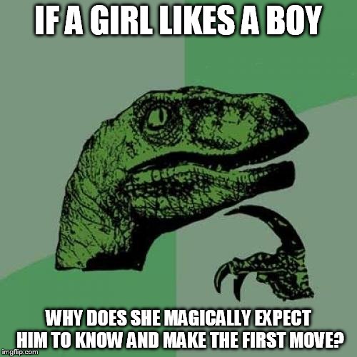 Philosoraptor | IF A GIRL LIKES A BOY; WHY DOES SHE MAGICALLY EXPECT HIM TO KNOW AND MAKE THE FIRST MOVE? | image tagged in memes,philosoraptor | made w/ Imgflip meme maker