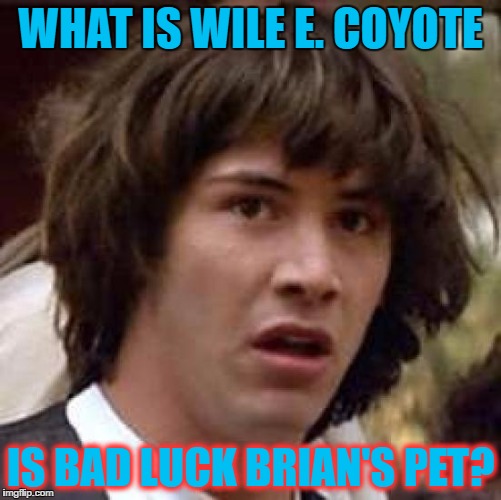 Conspiracy Keanu | WHAT IS WILE E. COYOTE; IS BAD LUCK BRIAN'S PET? | image tagged in memes,conspiracy keanu | made w/ Imgflip meme maker