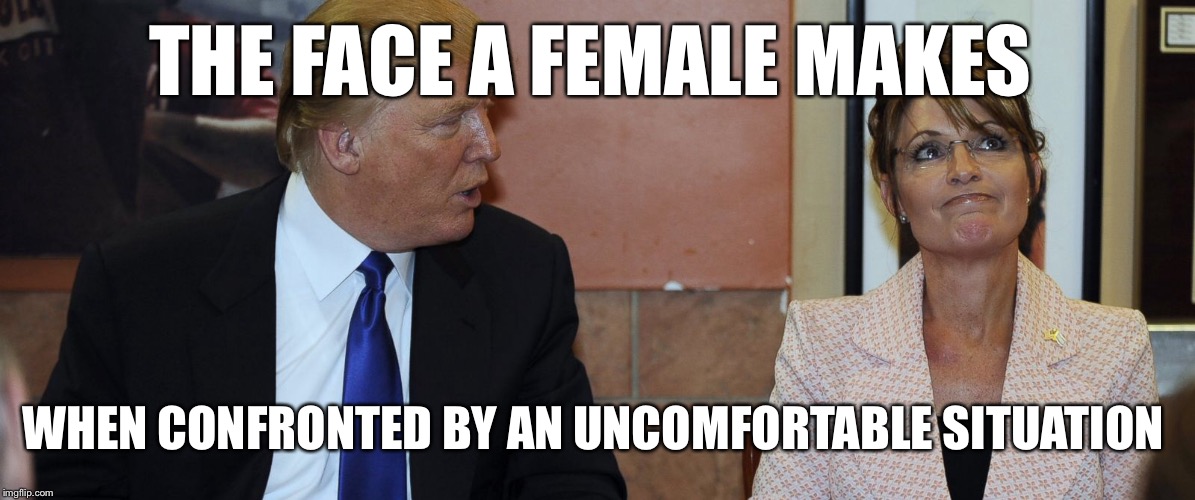 Sara, your still hot! Ever been to mar a largo? We could have a private discussion with Vlad in my rumpus room? | THE FACE A FEMALE MAKES; WHEN CONFRONTED BY AN UNCOMFORTABLE SITUATION | image tagged in memes,donaldtrump,sarah palin,funny | made w/ Imgflip meme maker