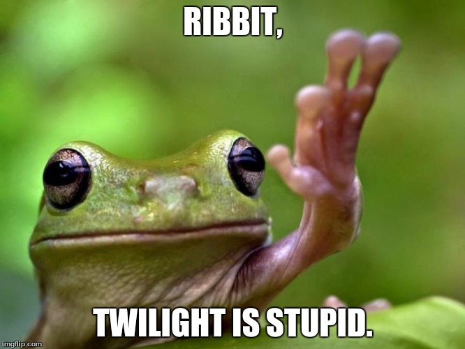 Angry Tree Frog | RIBBIT, TWILIGHT IS STUPID. | image tagged in angry tree frog | made w/ Imgflip meme maker