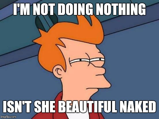 Futurama Fry | I'M NOT DOING NOTHING; ISN'T SHE BEAUTIFUL NAKED | image tagged in memes,futurama fry | made w/ Imgflip meme maker