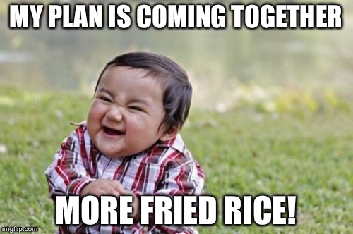 Evil Toddler | MY PLAN IS COMING TOGETHER; MORE FRIED RICE! | image tagged in memes,evil toddler | made w/ Imgflip meme maker