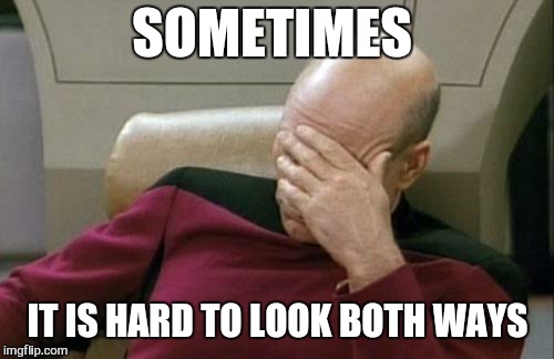 Captain Picard Facepalm Meme | SOMETIMES IT IS HARD TO LOOK BOTH WAYS | image tagged in memes,captain picard facepalm | made w/ Imgflip meme maker