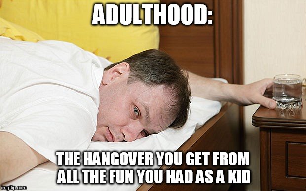 ADULTHOOD:; THE HANGOVER YOU GET FROM ALL THE FUN YOU HAD AS A KID | image tagged in adulting | made w/ Imgflip meme maker