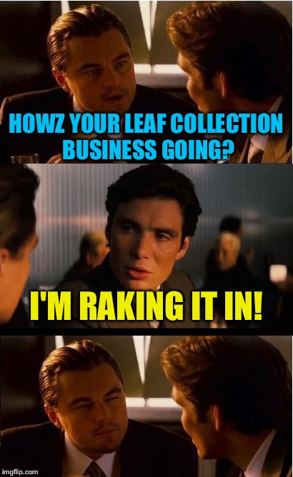 Inception | HOWZ YOUR LEAF COLLECTION BUSINESS GOING? I'M RAKING IT IN! | image tagged in memes,inception | made w/ Imgflip meme maker