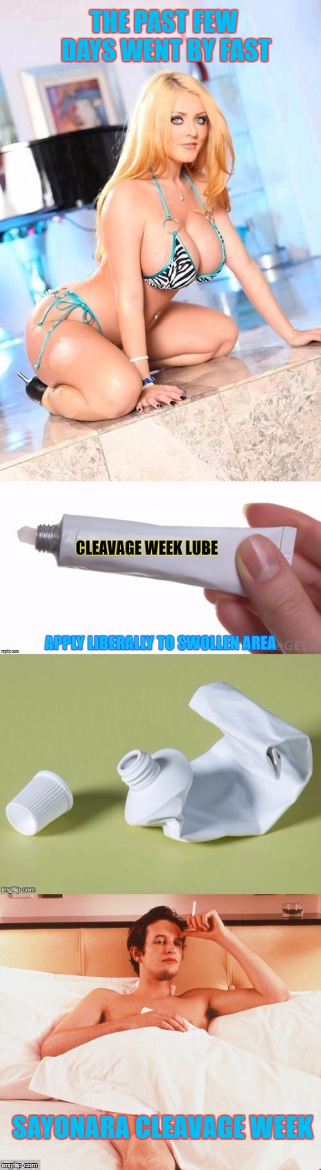 I'm a little shakey - Cleavage Week - A .mushu.thedog event | THE PAST FEW DAYS WENT BY FAST; SAYONARA CLEAVAGE WEEK | image tagged in memes,cleavage week,lotion,smoking,boom boom boobs,sexy women | made w/ Imgflip meme maker