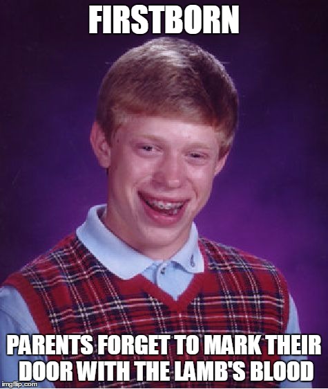 He was unlucky even in his previous lives. | FIRSTBORN; PARENTS FORGET TO MARK THEIR DOOR WITH THE LAMB'S BLOOD | image tagged in memes,bad luck brian | made w/ Imgflip meme maker