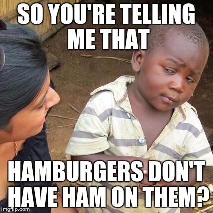 Burger Theory | SO YOU'RE TELLING ME THAT; HAMBURGERS DON'T HAVE HAM ON THEM? | image tagged in memes,third world skeptical kid | made w/ Imgflip meme maker