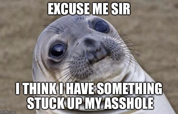 Awkward Moment Sealion | EXCUSE ME SIR; I THINK I HAVE SOMETHING STUCK UP MY ASSHOLE | image tagged in memes,awkward moment sealion | made w/ Imgflip meme maker