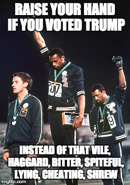 Awkward Olympics Meme | RAISE YOUR HAND IF YOU VOTED TRUMP; INSTEAD OF THAT VILE, HAGGARD, BITTER, SPITEFUL, LYING, CHEATING, SHREW | image tagged in memes,awkward olympics | made w/ Imgflip meme maker