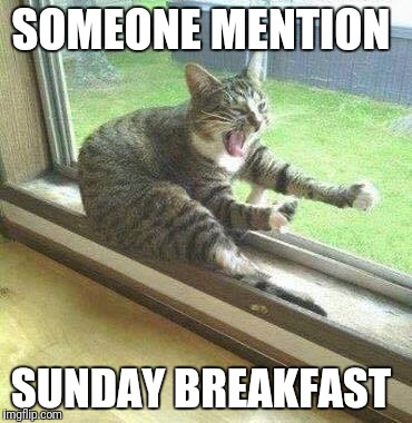 Motorcycle cat | SOMEONE MENTION; SUNDAY BREAKFAST | image tagged in motorcycle cat | made w/ Imgflip meme maker