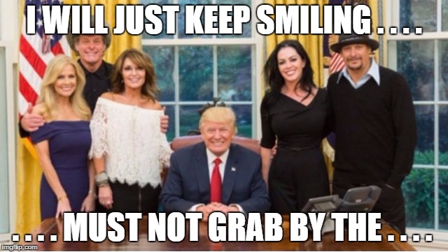 Donald Trump - Keep Smiling | I WILL JUST KEEP SMILING . . . . . . . . MUST NOT GRAB BY THE . . . . | image tagged in donald trump,grab,keep smiling | made w/ Imgflip meme maker