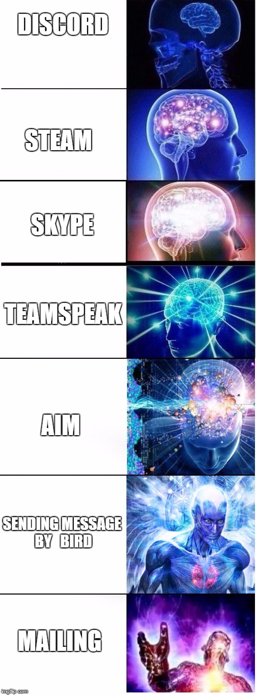 Expanding brain extended 2 | DISCORD; STEAM; SKYPE; TEAMSPEAK; AIM; SENDING MESSAGE BY   BIRD; MAILING | image tagged in expanding brain extended 2 | made w/ Imgflip meme maker