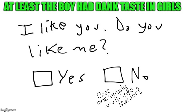 My type of girl | AT LEAST THE BOY HAD DANK TASTE IN GIRLS | image tagged in mrodor,mordor,one does not simply,do you like me,yes no,no | made w/ Imgflip meme maker
