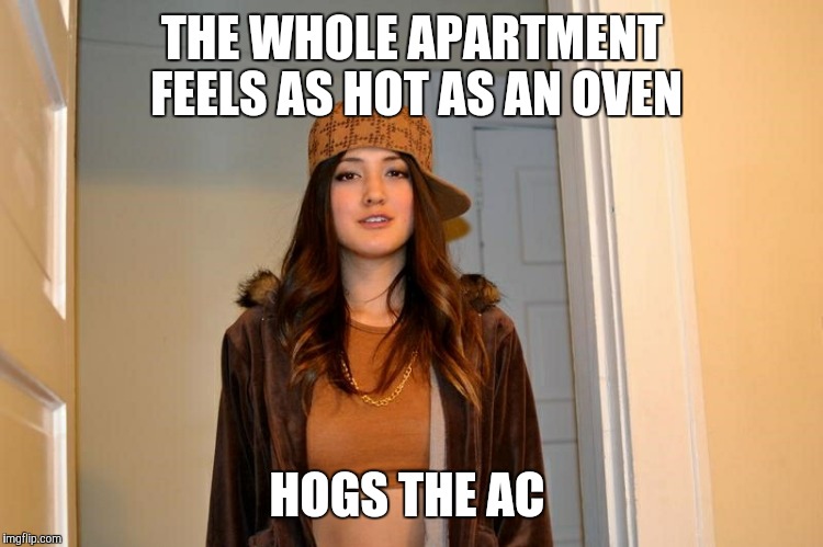 Scumbag Stephanie  | THE WHOLE APARTMENT FEELS AS HOT AS AN OVEN; HOGS THE AC | image tagged in scumbag stephanie | made w/ Imgflip meme maker