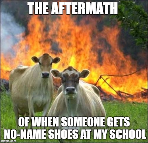 Evil Cows | THE AFTERMATH; OF WHEN SOMEONE GETS NO-NAME SHOES AT MY SCHOOL | image tagged in memes,evil cows | made w/ Imgflip meme maker