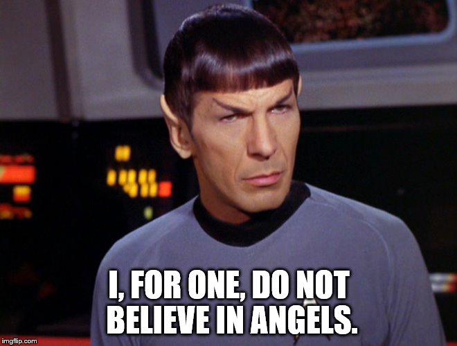 Spock Sarcasm | I, FOR ONE, DO NOT BELIEVE IN ANGELS. | image tagged in spock sarcasm | made w/ Imgflip meme maker