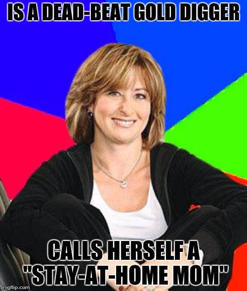 Sheltering Suburban Mom Meme | IS A DEAD-BEAT GOLD DIGGER; CALLS HERSELF A "STAY-AT-HOME MOM" | image tagged in memes,sheltering suburban mom | made w/ Imgflip meme maker