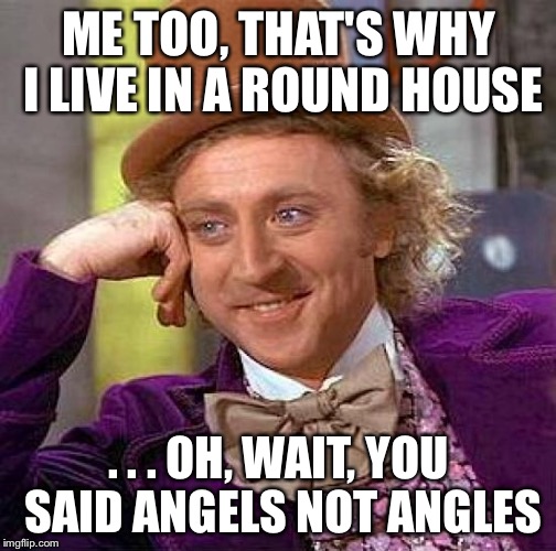 Creepy Condescending Wonka Meme | ME TOO, THAT'S WHY I LIVE IN A ROUND HOUSE . . . OH, WAIT, YOU SAID ANGELS NOT ANGLES | image tagged in memes,creepy condescending wonka | made w/ Imgflip meme maker