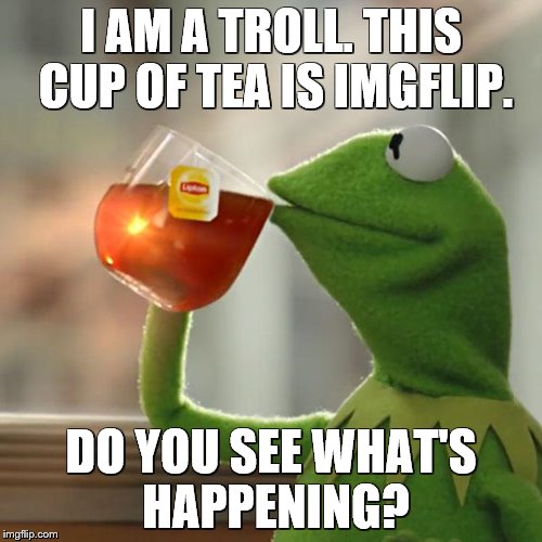 (i'm not a troll tho) RUN FOR YOUR LIVES! TROLLS WILL DESTROY US WITH THEIR DEADLY WEAPON OF DOWNVOTES! | I AM A TROLL. THIS CUP OF TEA IS IMGFLIP. DO YOU SEE WHAT'S HAPPENING? | image tagged in memes,but thats none of my business,kermit the frog | made w/ Imgflip meme maker